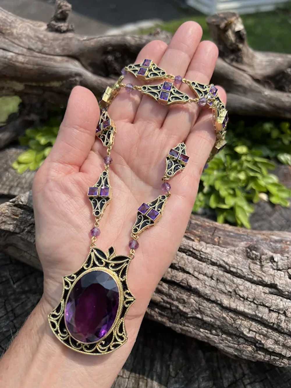 14K Yellow Gold Large Amethyst and Black Enamel N… - image 4