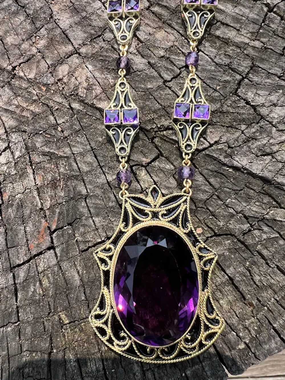 14K Yellow Gold Large Amethyst and Black Enamel N… - image 5
