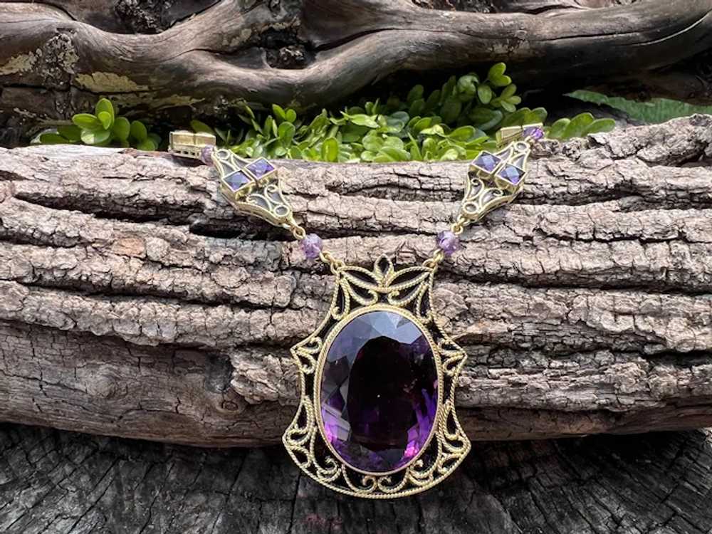 14K Yellow Gold Large Amethyst and Black Enamel N… - image 7