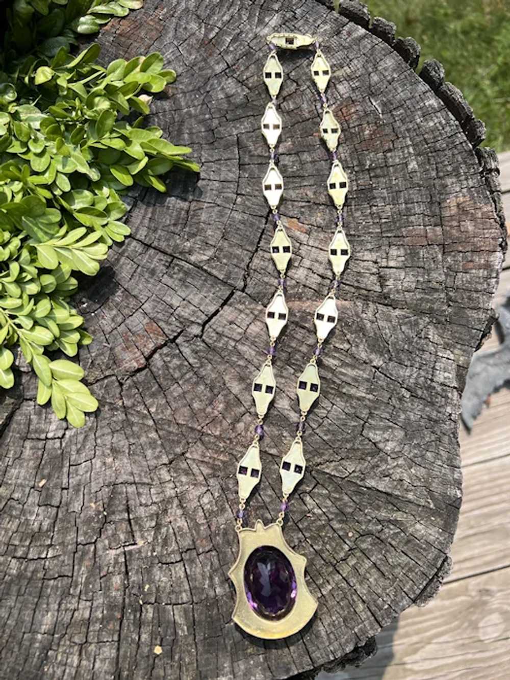 14K Yellow Gold Large Amethyst and Black Enamel N… - image 9
