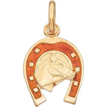 18K Yellow Gold and Orange Enamel Horseshoe Penda… - image 1