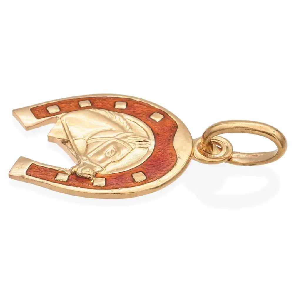 18K Yellow Gold and Orange Enamel Horseshoe Penda… - image 2