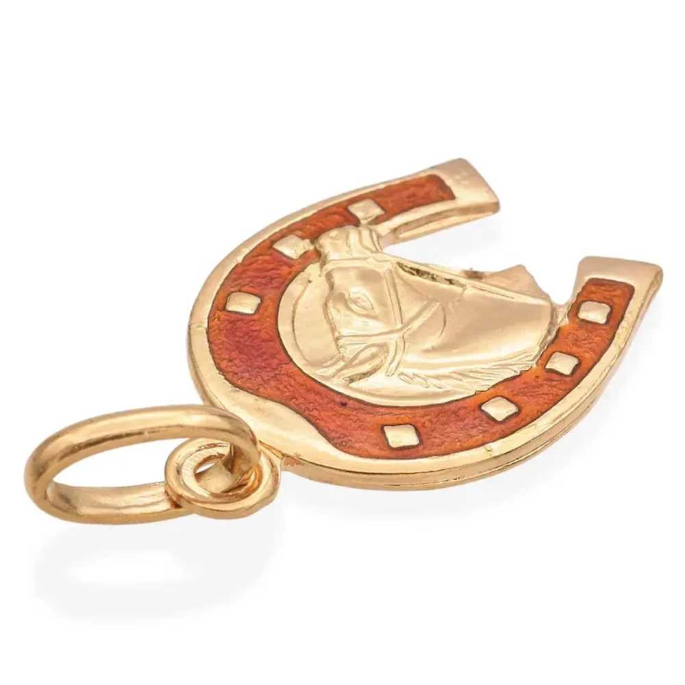 18K Yellow Gold and Orange Enamel Horseshoe Penda… - image 3