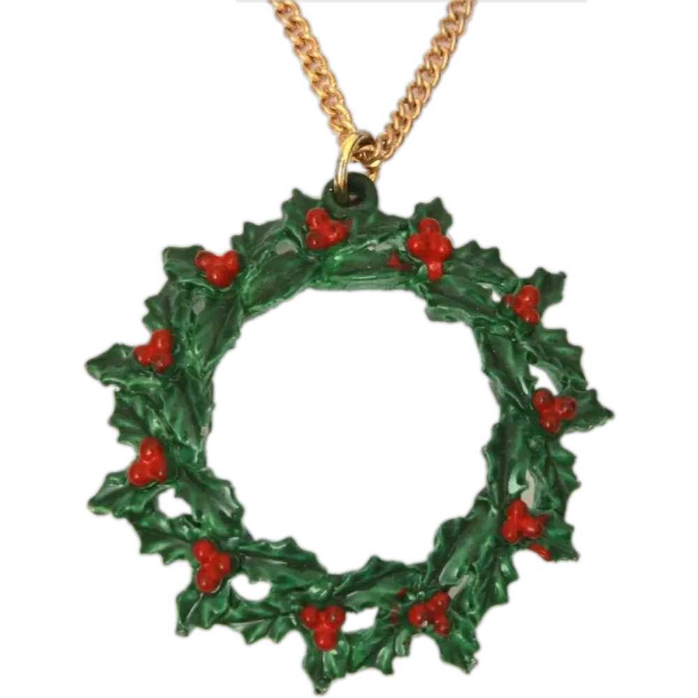 Christmas BVM Necklace Enamel Holly Wreath Pendan… - image 1