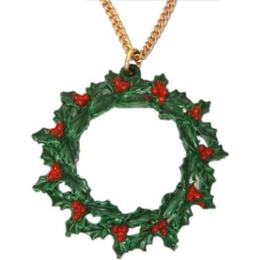 Christmas BVM Necklace Enamel Holly Wreath Pendan… - image 1