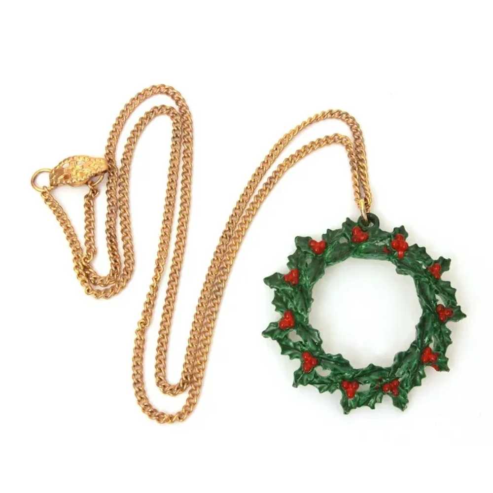 Christmas BVM Necklace Enamel Holly Wreath Pendan… - image 2