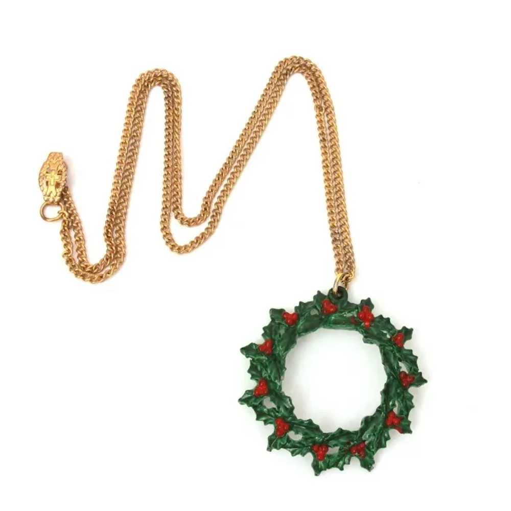 Christmas BVM Necklace Enamel Holly Wreath Pendan… - image 3