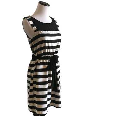 Monteau Black & Silver Striped Dress W/Tie, Size S - image 1