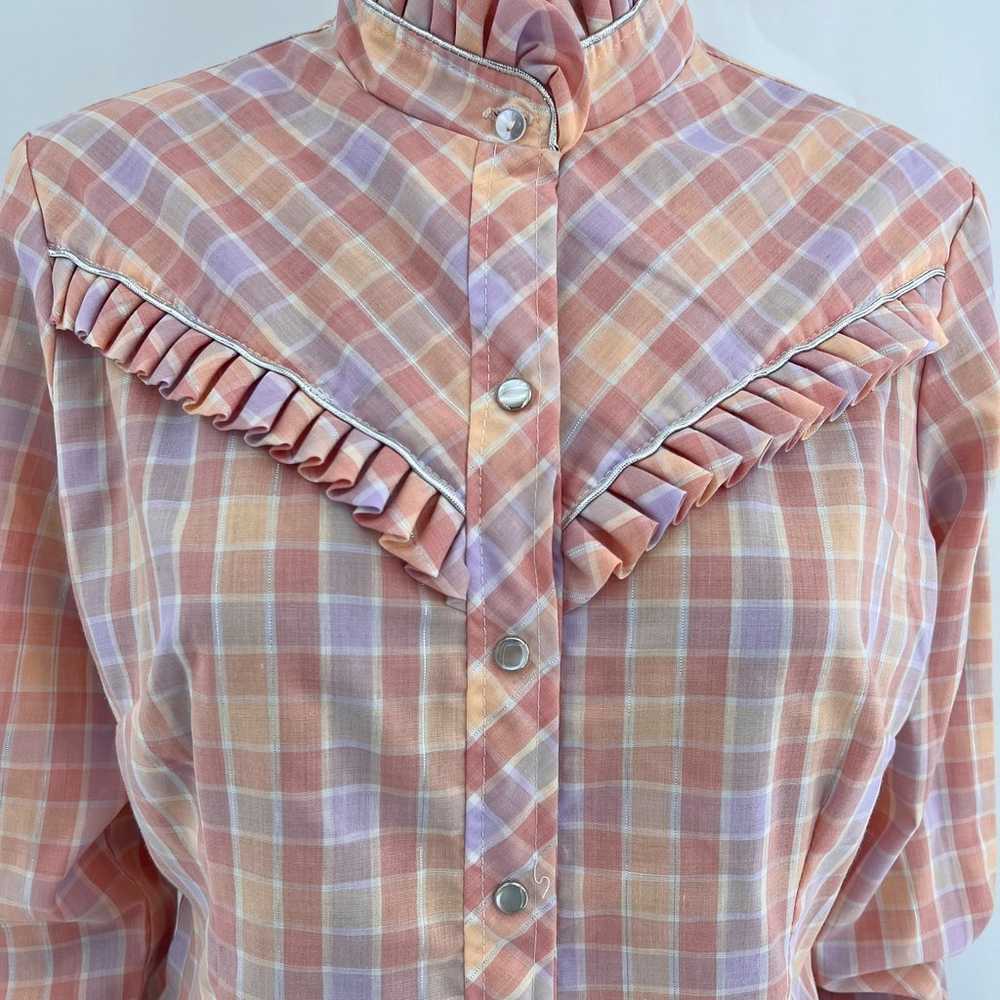 VTG 70s H Bar C MEDIUM Western Shirt Pink Plaid C… - image 2