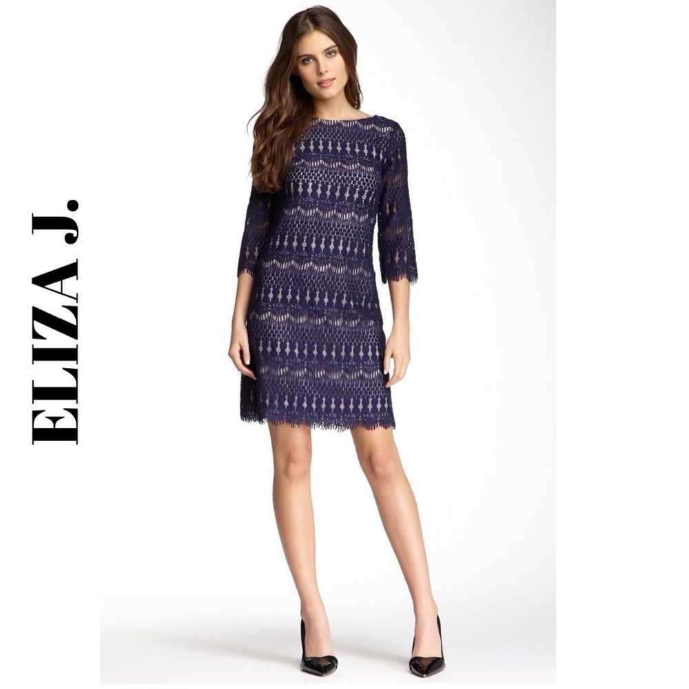 Eliza J. Lace Crochet Sheath Formal Dress Blue Pu… - image 1