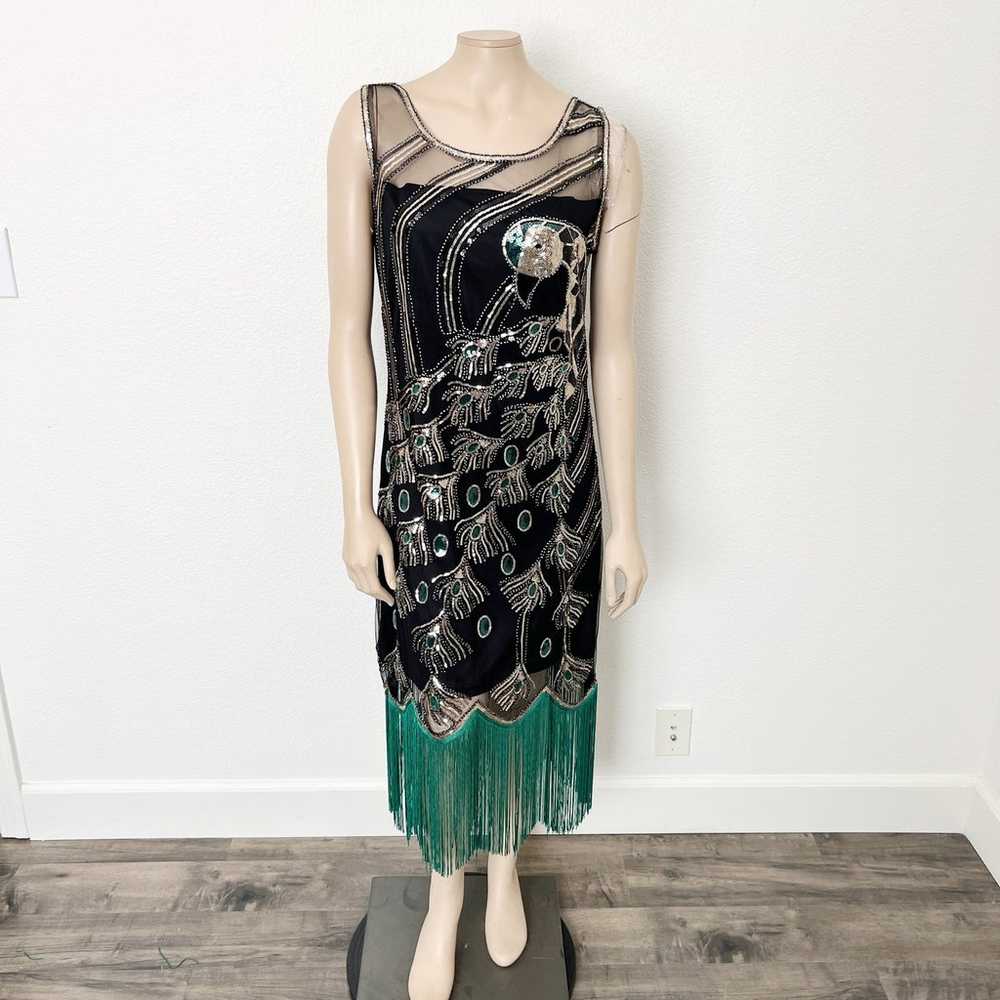 Babeyond Size XL Black 20's Flapper Sequined Peac… - image 2