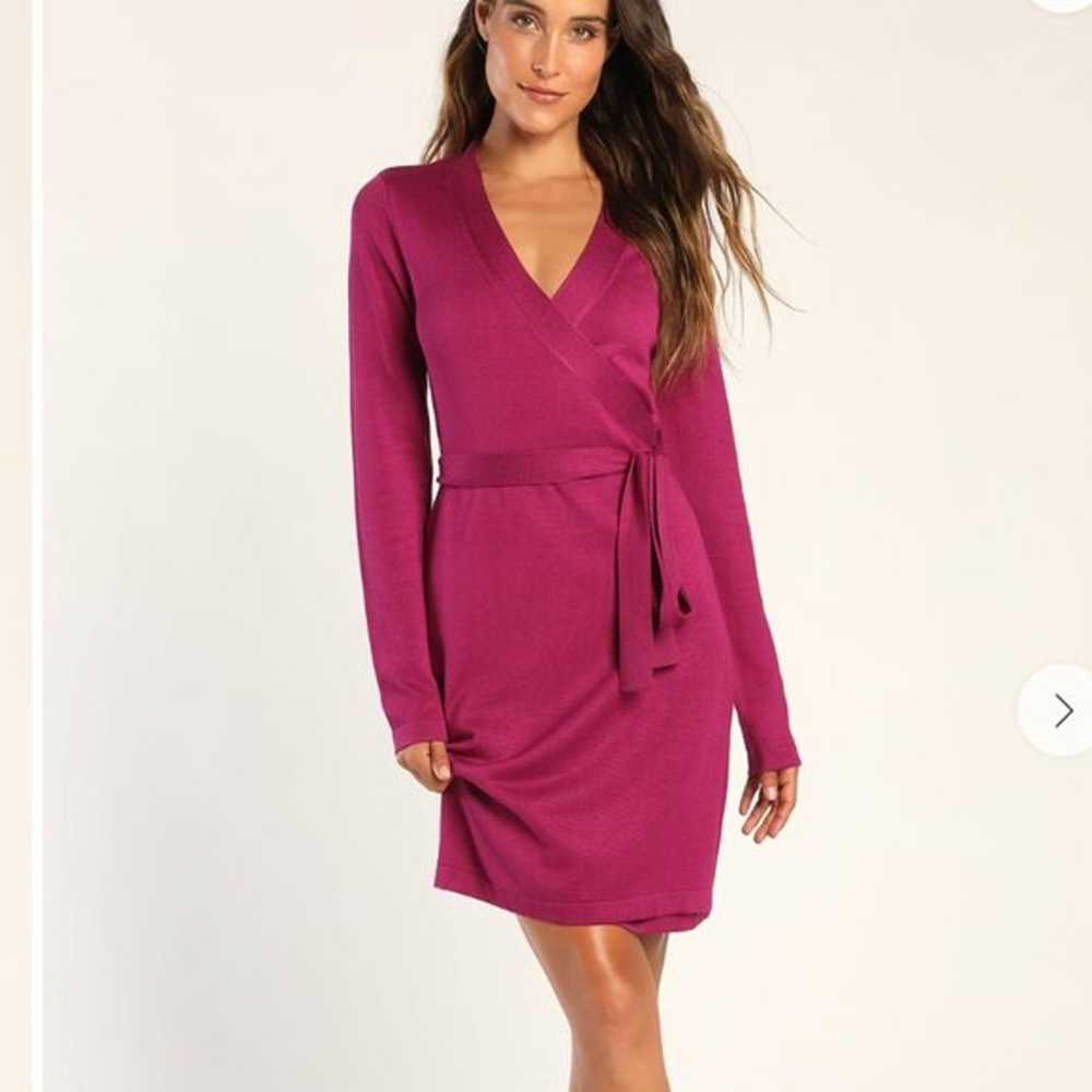 Lulus Literary Lover Magenta Wrap Sweater Dress - image 1