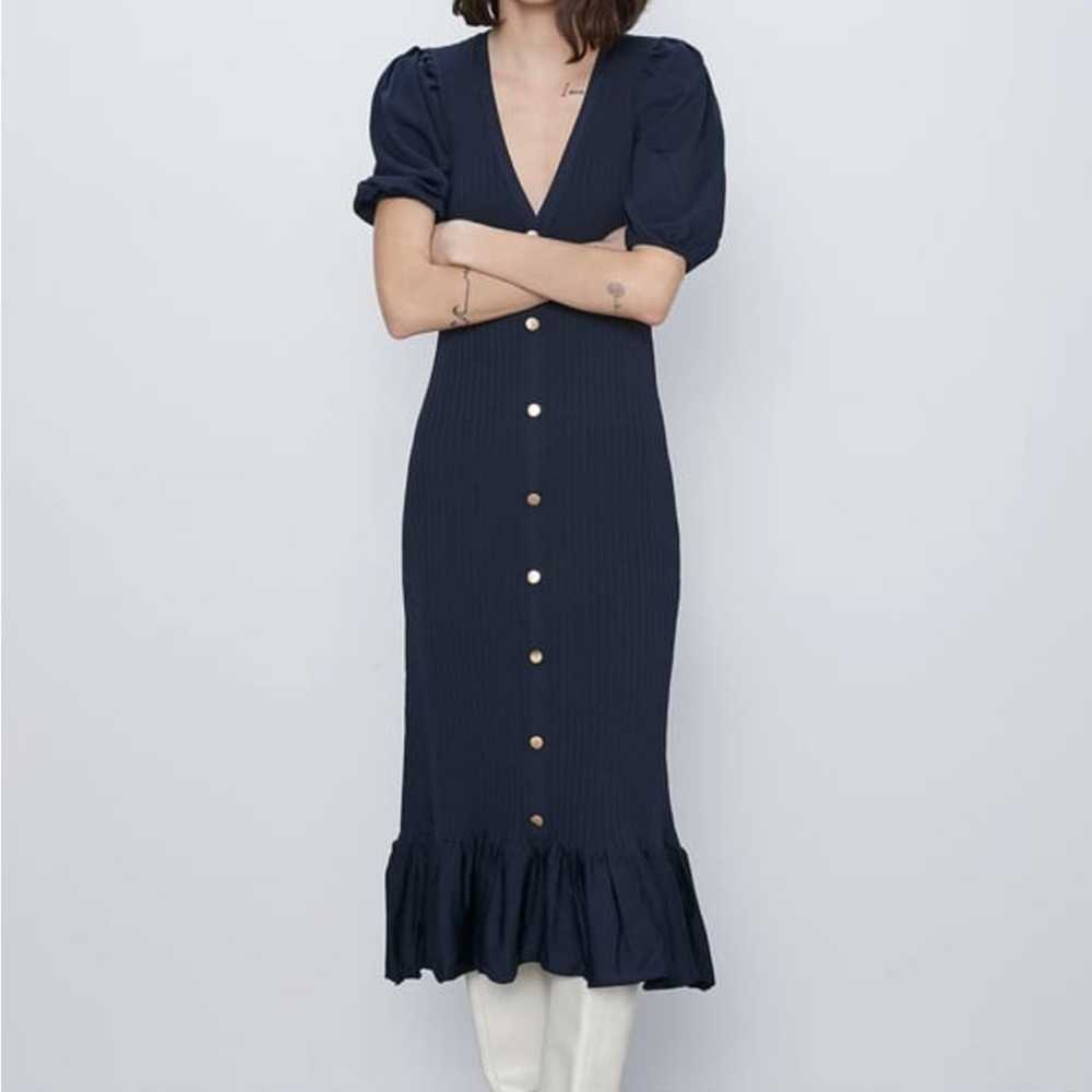 Zara navy rib knit dress with gold buttons size S… - image 3