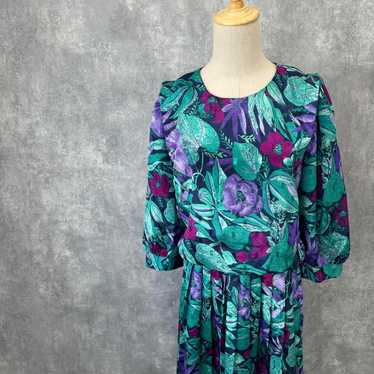 80's Botanical Print Retro One-Piece Dress, Showa… - image 1