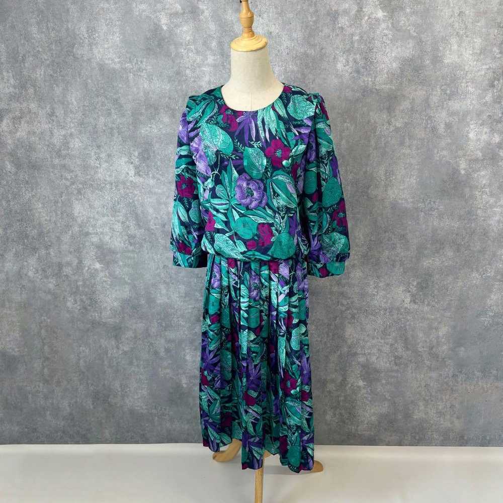 80's Botanical Print Retro One-Piece Dress, Showa… - image 2