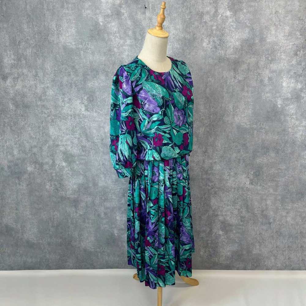 80's Botanical Print Retro One-Piece Dress, Showa… - image 3