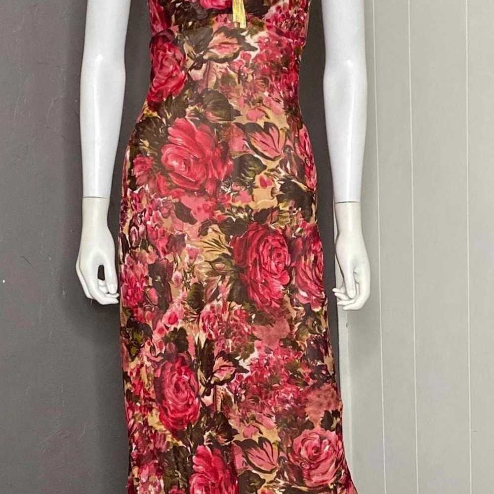 1990's Red + Brown Floral Chiffon Bias Midi Dress… - image 1