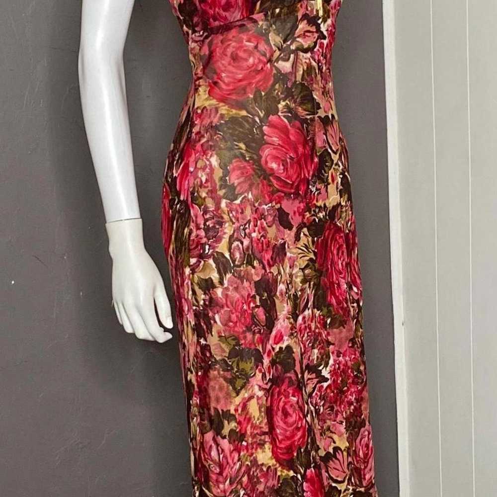 1990's Red + Brown Floral Chiffon Bias Midi Dress… - image 2