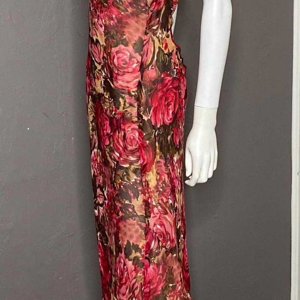 1990's Red + Brown Floral Chiffon Bias Midi Dress… - image 3