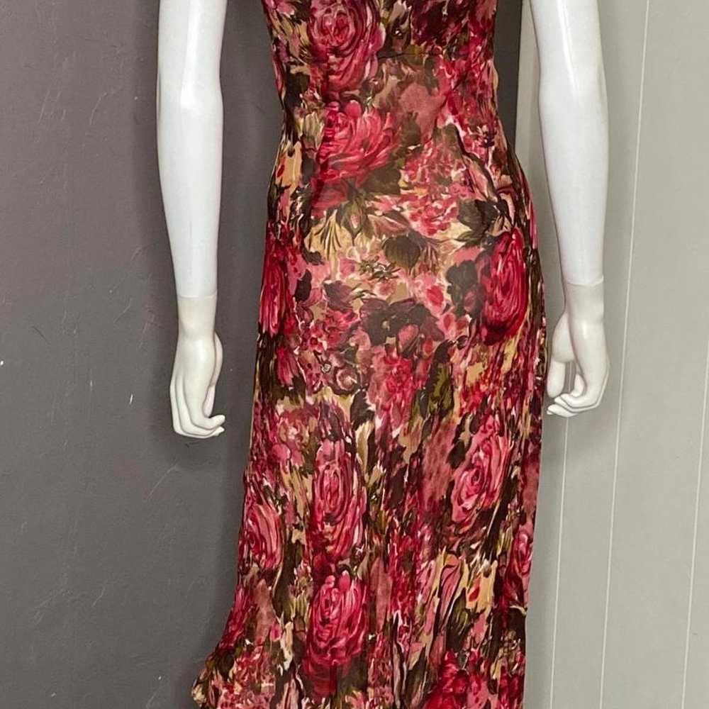 1990's Red + Brown Floral Chiffon Bias Midi Dress… - image 4