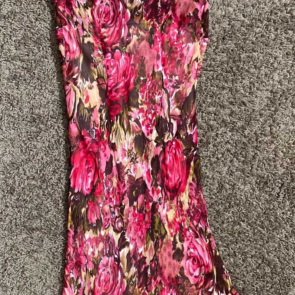 1990's Red + Brown Floral Chiffon Bias Midi Dress… - image 6