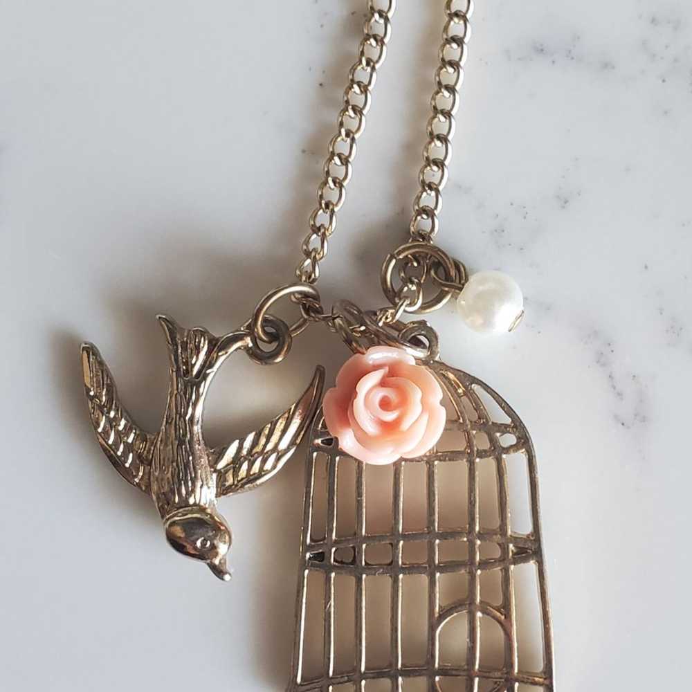 Vintage necklace with rose, bird cage - image 3