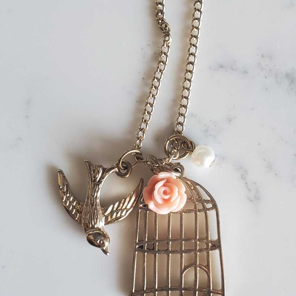 Vintage necklace with rose, bird cage - image 4