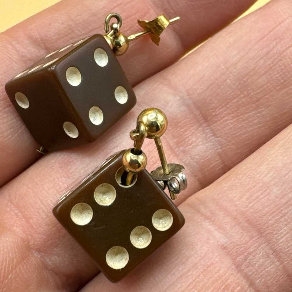 Vintage Dice Earrings - Brown Plastic - Las Vegas - image 2