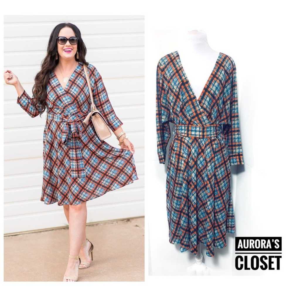 Eliza J 16 Blue Plaid Wrap Dress Midi Long Sleeve… - image 1