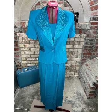 sheath dress blazer jacket embroidered collar teal