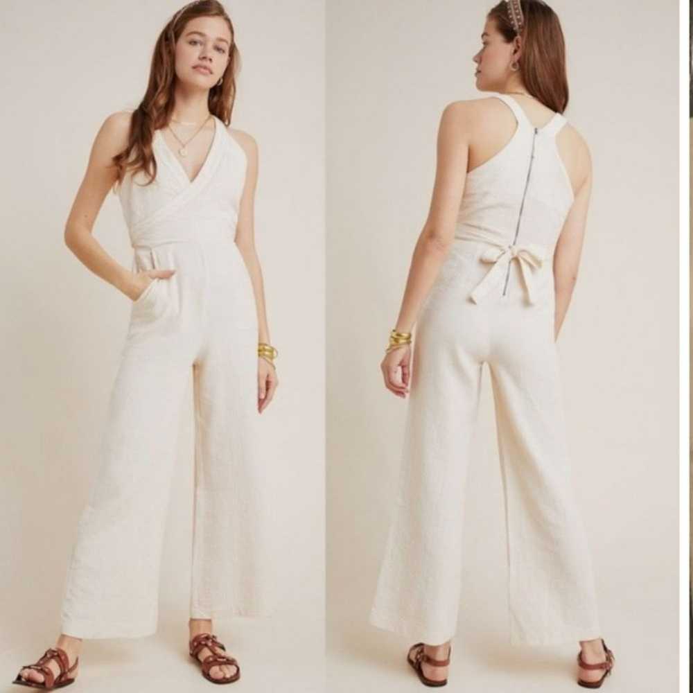 Anthropologie cream textured cotton jumpsuit - image 1