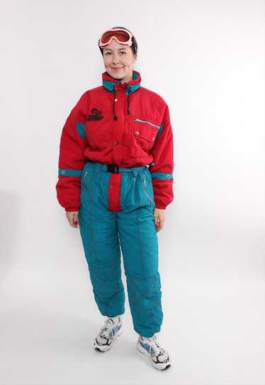 90s one piece ski suit in red, vintage green snow… - image 1