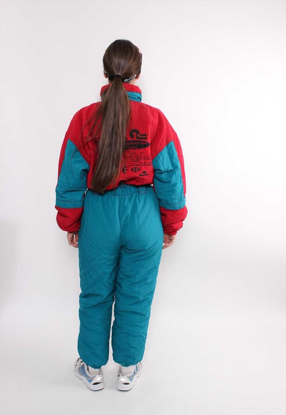 90s one piece ski suit in red, vintage green snow… - image 2