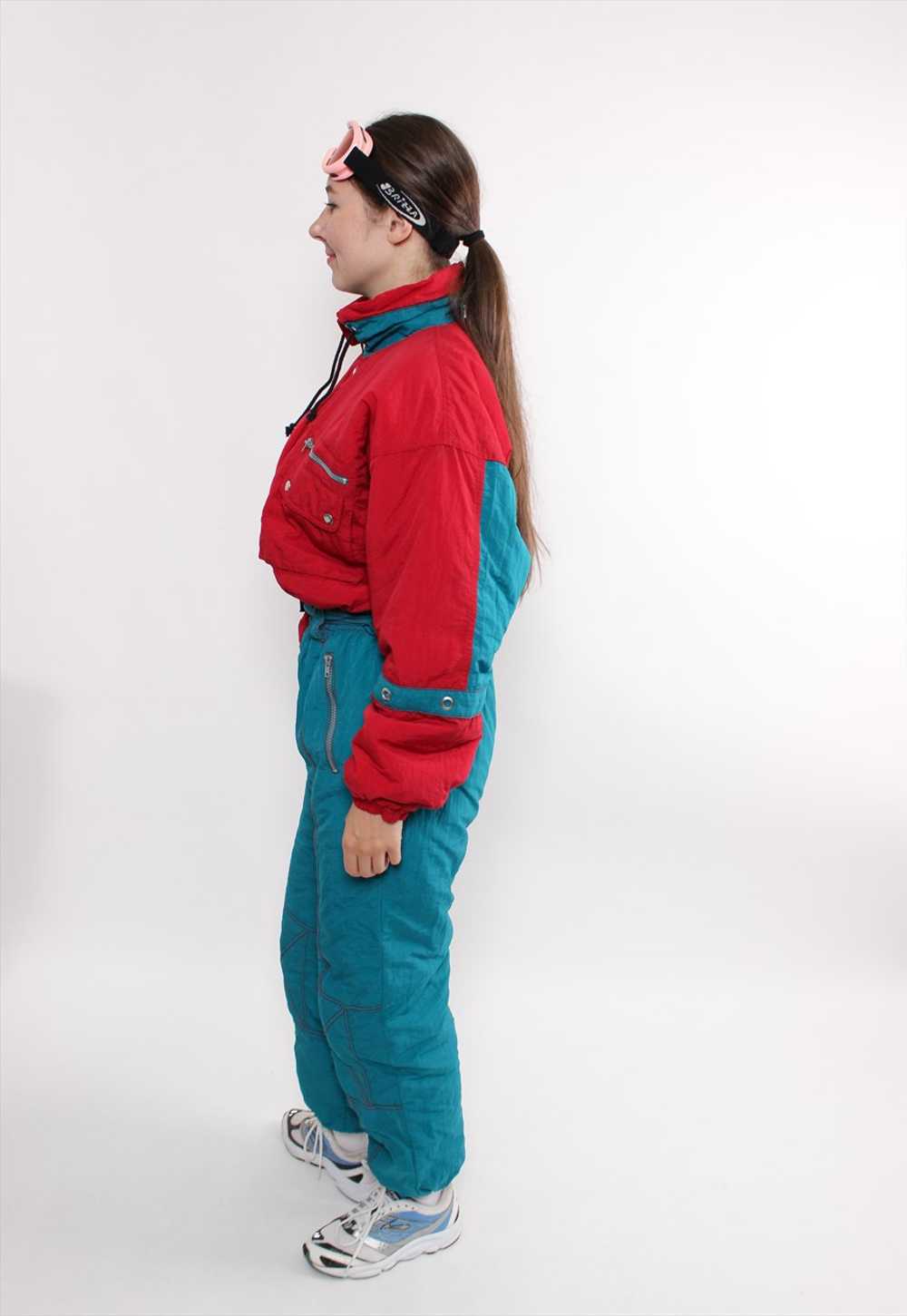 90s one piece ski suit in red, vintage green snow… - image 3