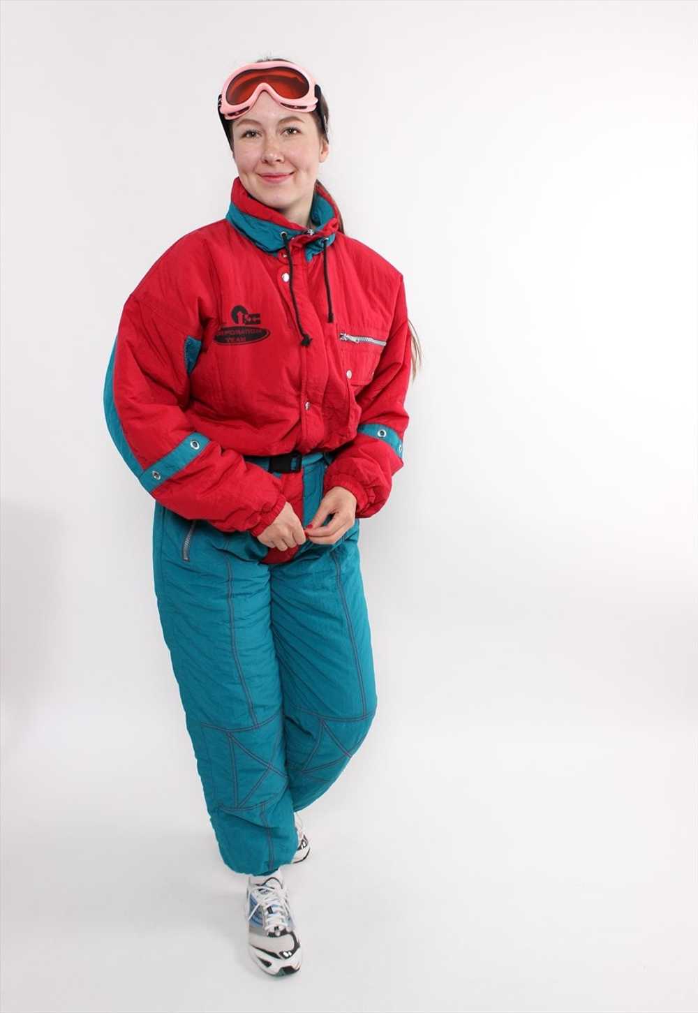 90s one piece ski suit in red, vintage green snow… - image 4