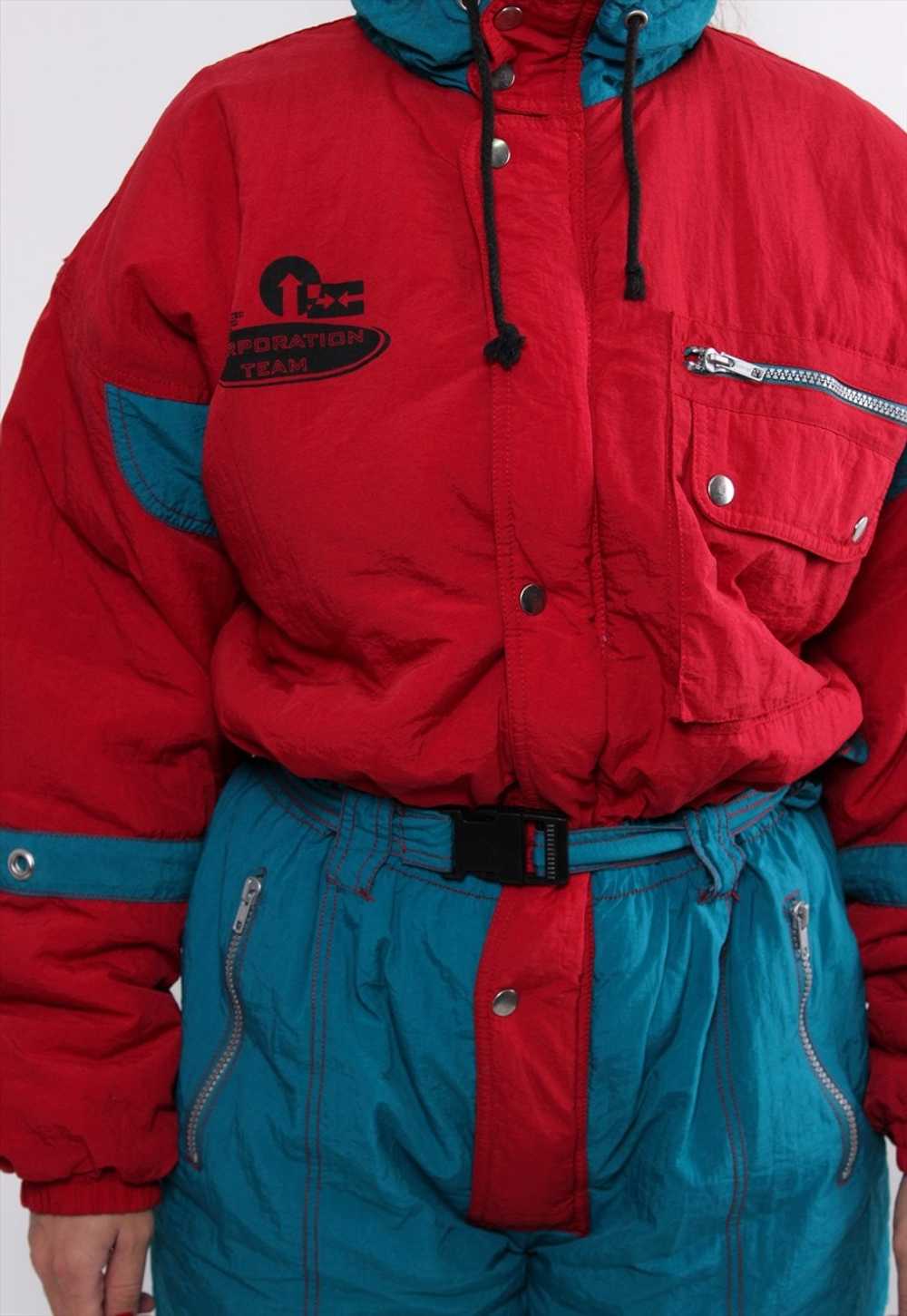 90s one piece ski suit in red, vintage green snow… - image 5