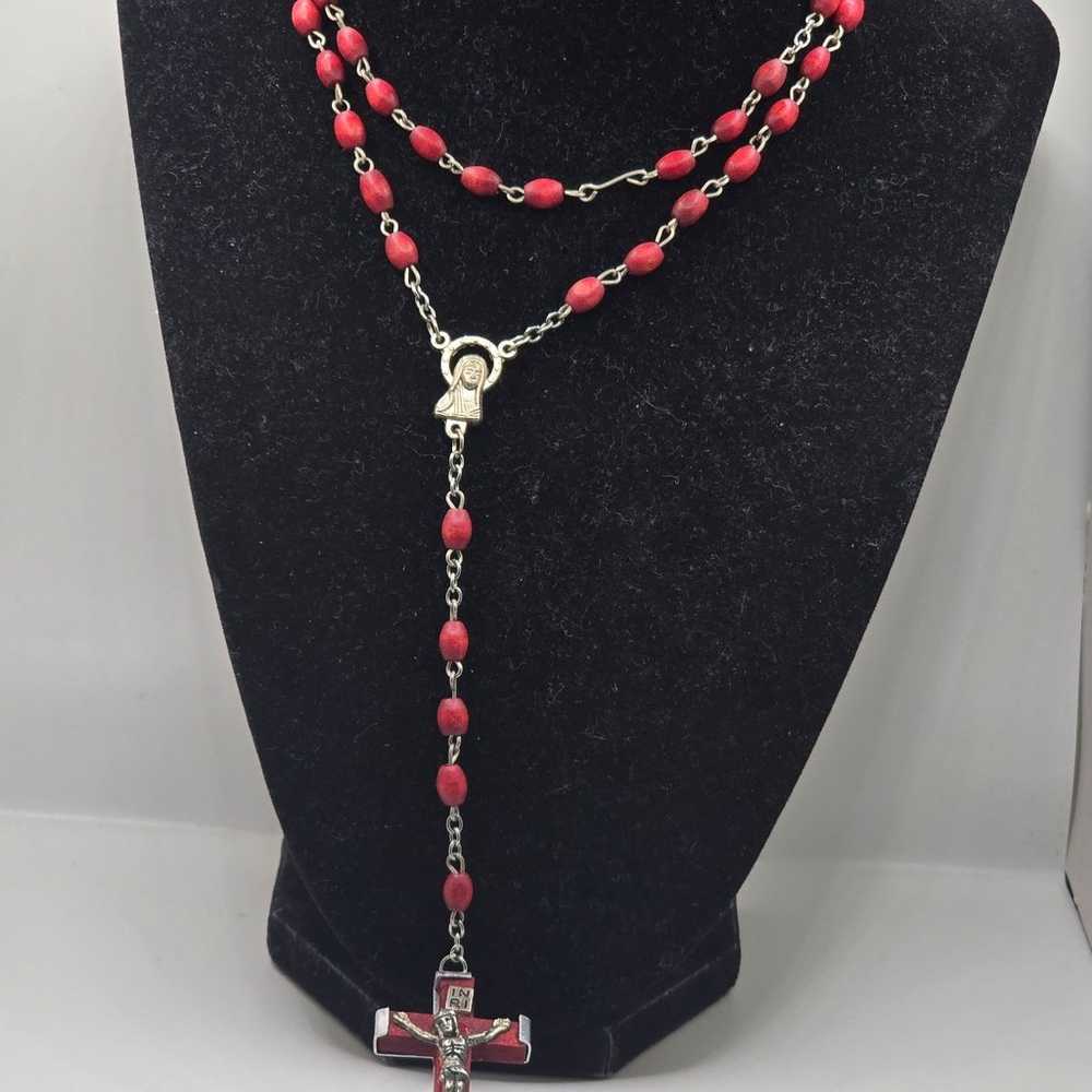 Vintage Catholic Rosary 4 Decade Red Beads Crucif… - image 9