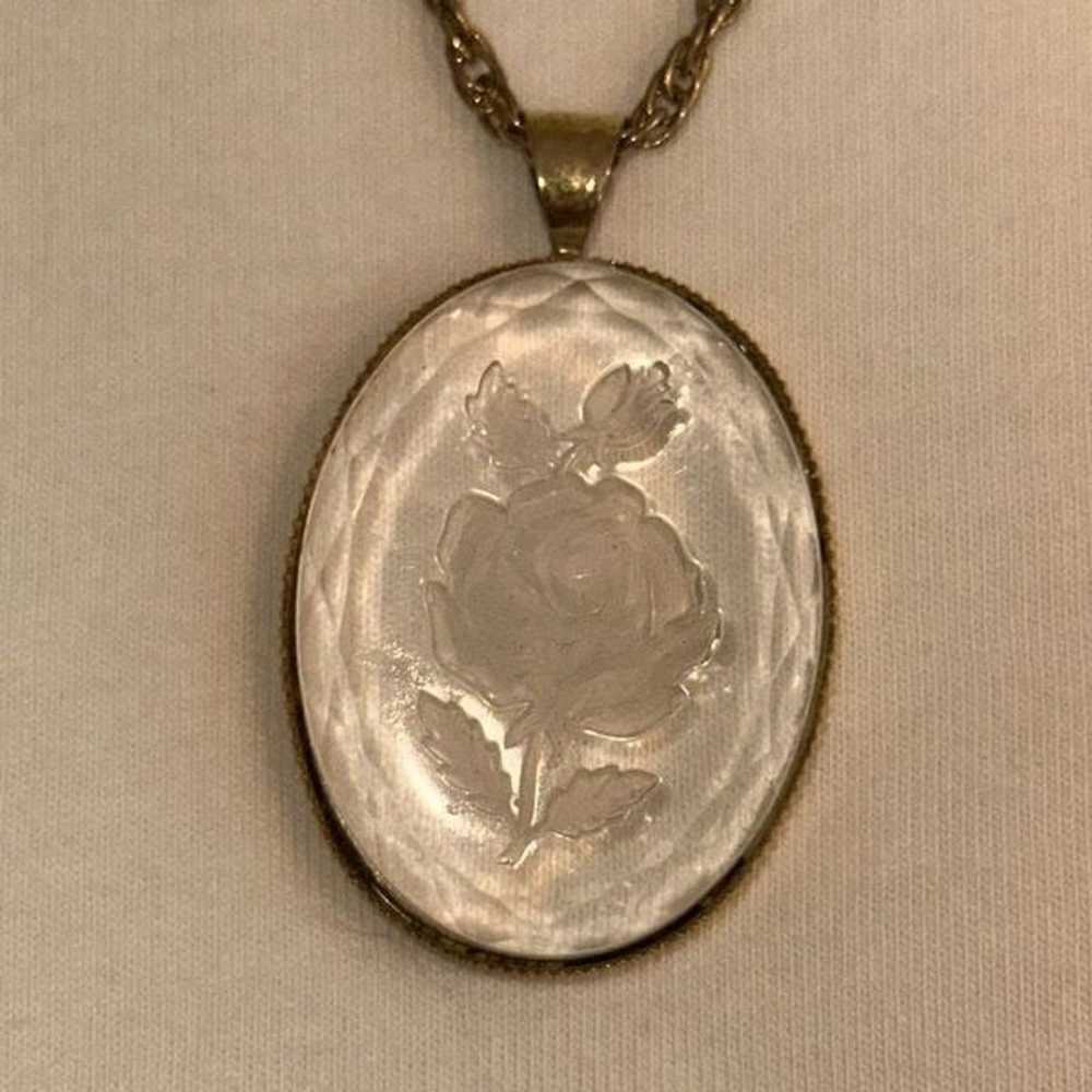 Vintage Etched Rose Clear Acrylic Oval Pendant w/… - image 1