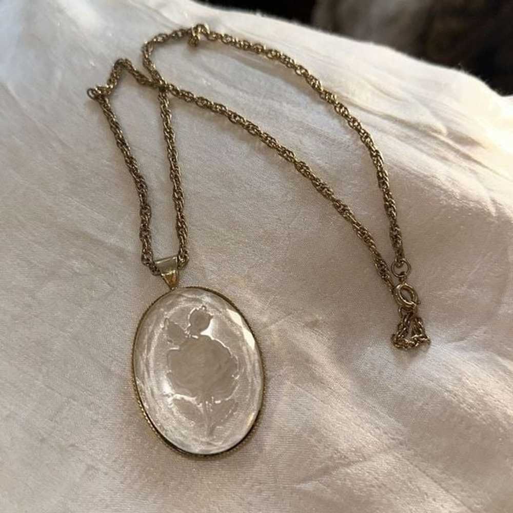 Vintage Etched Rose Clear Acrylic Oval Pendant w/… - image 3