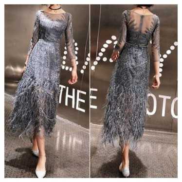 Elegant Gray Party Dress with Fringe - image 1