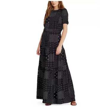 Ralph Lauren Patchwork Crepe Maxi dress Navy Whit… - image 1