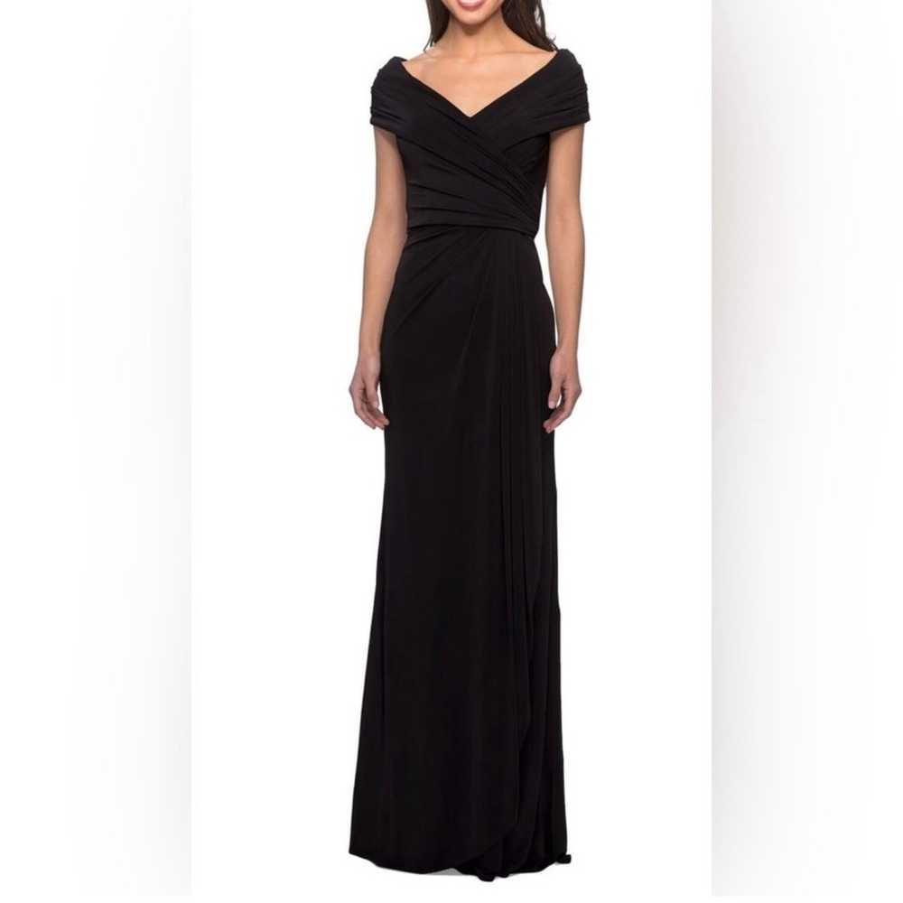 LA FEMME Black Ruched Jersey Column Off Shoulder … - image 1