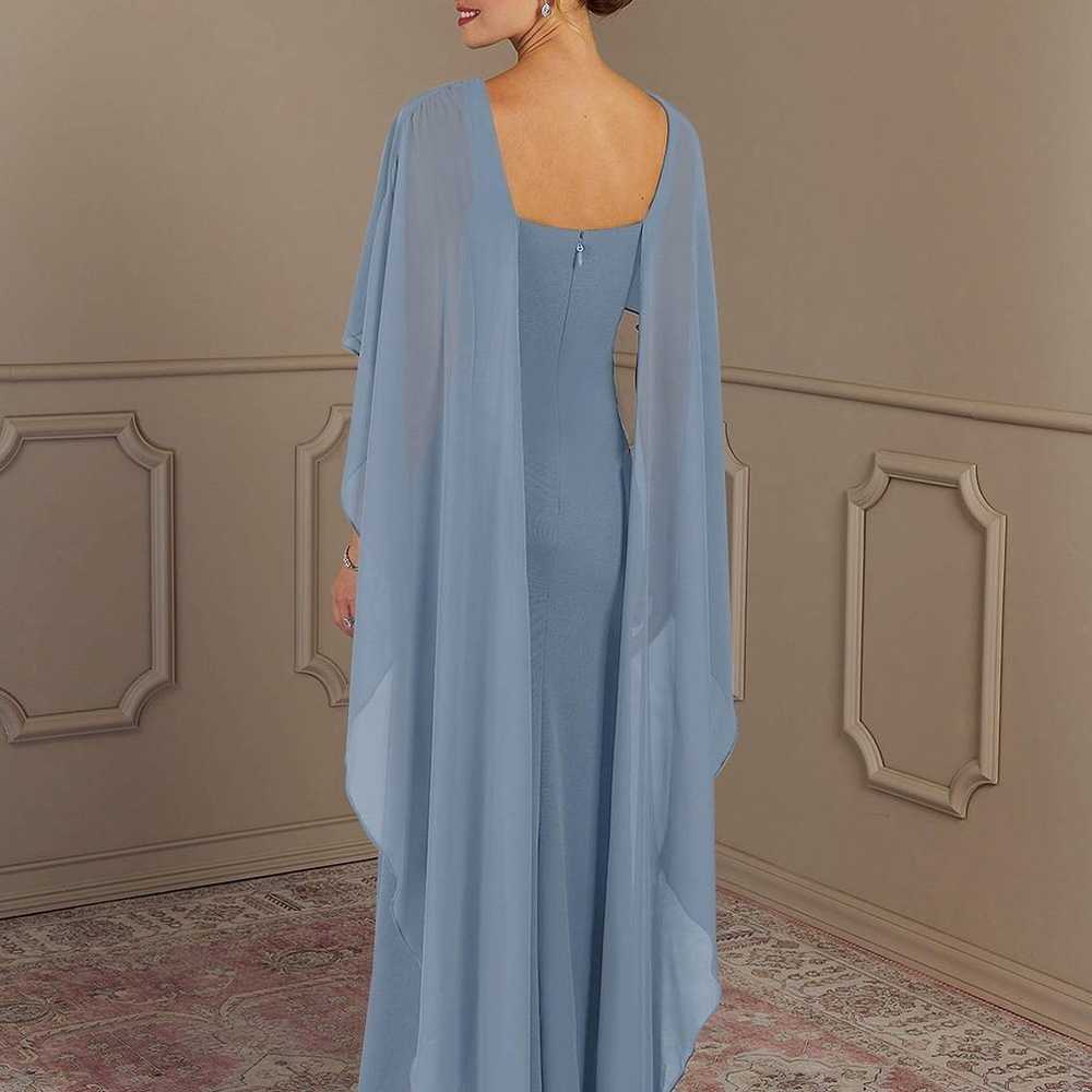 Dusty Blue Sheath Scoop Stretch Cape Dress - image 4