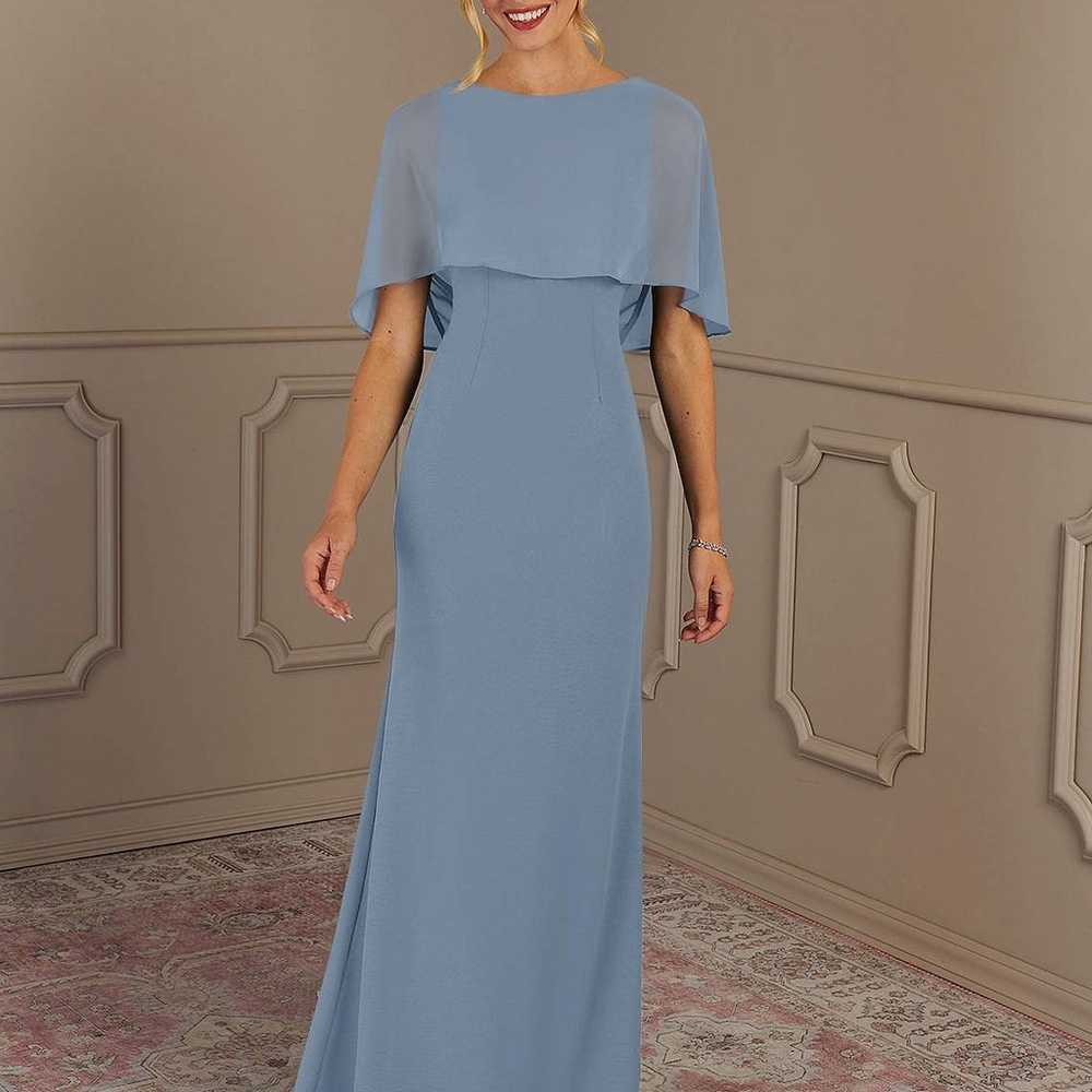 Dusty Blue Sheath Scoop Stretch Cape Dress - image 5