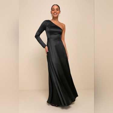 Lulu's Unreal Elegance Black Satin One-Shoulder Lo