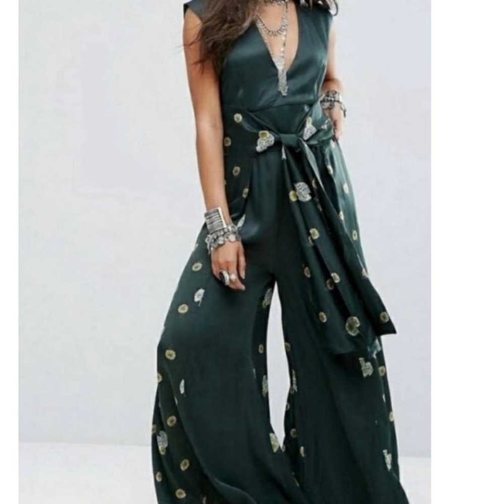 FREE PEOPLE Emerald Green Silk Tie Waist Wide Leg… - image 2