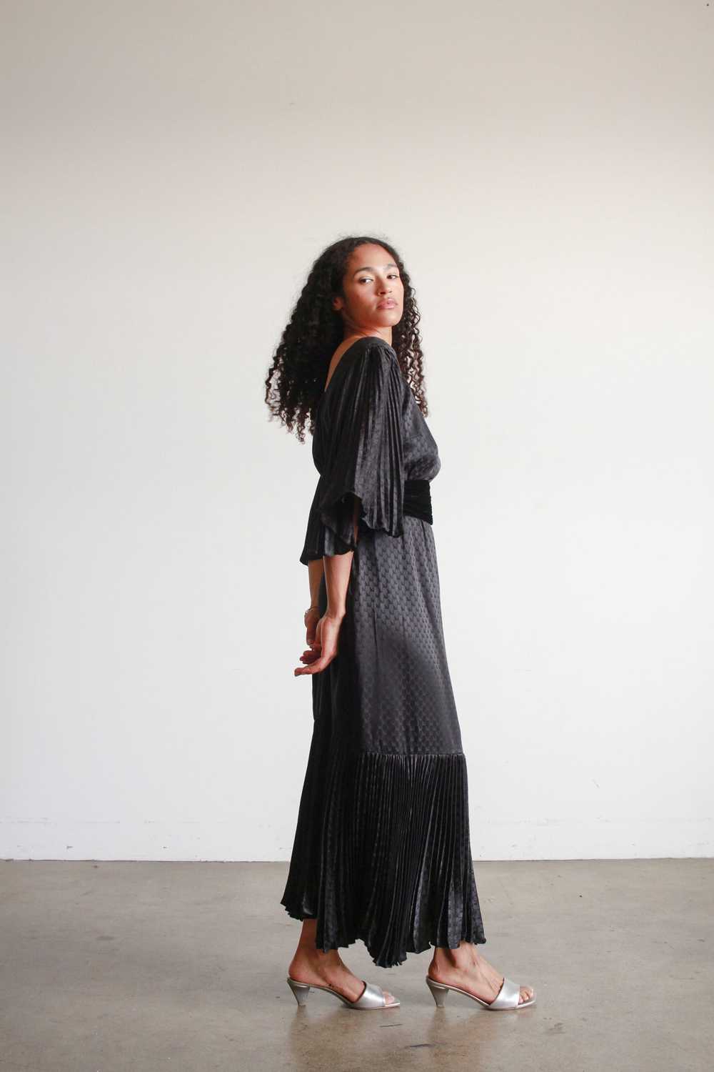 1980s Black Silk Pleated Angel Sleeve Dress - image 10