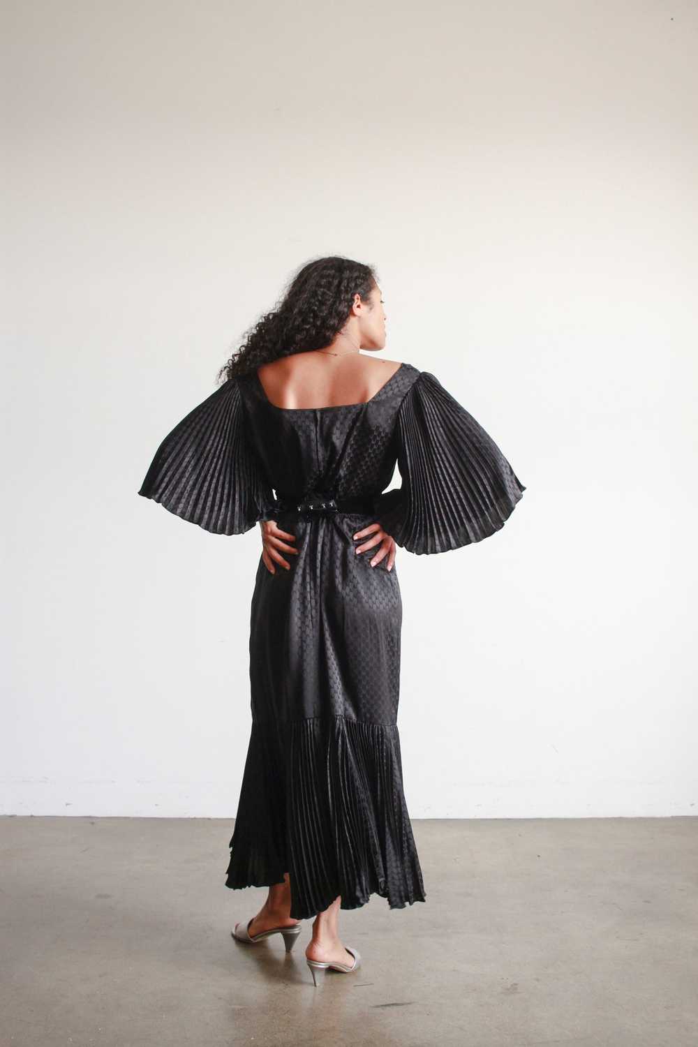 1980s Black Silk Pleated Angel Sleeve Dress - image 11