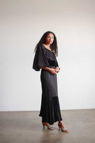 1980s Black Silk Pleated Angel Sleeve Dress - image 1