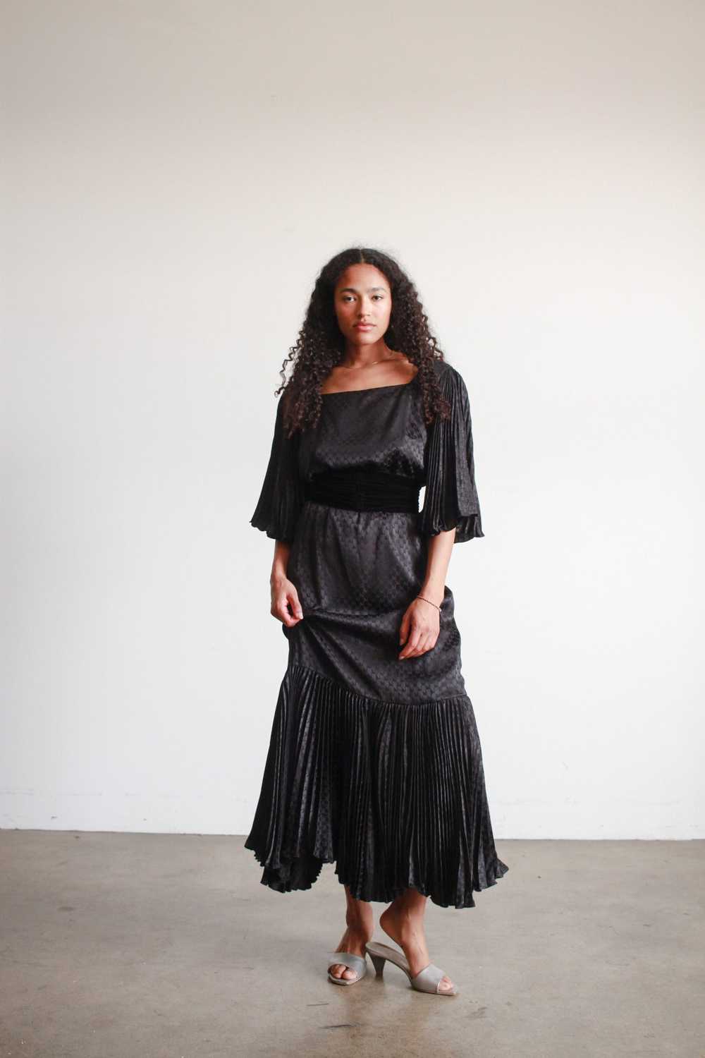 1980s Black Silk Pleated Angel Sleeve Dress - image 2